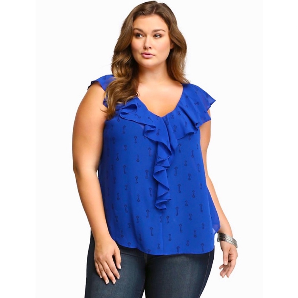 Torrid Chiffon Ruffle Blouse With Blue Key Print